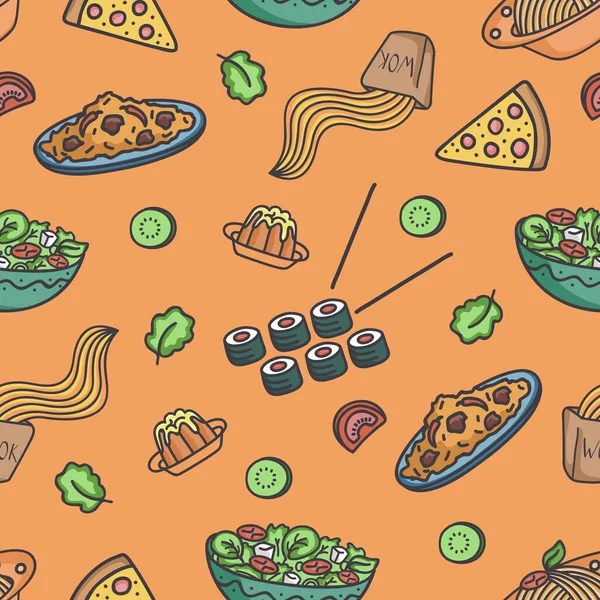 Бесшовный векторный рисунок с различными продуктами питания . — стоковый вектор