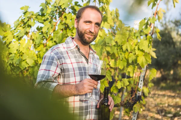 Homem abriu garrafa para provar o vinho — Fotografia de Stock