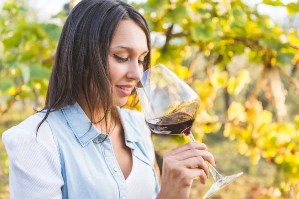 Mujer atractiva bebiendo vino tinto — Foto de Stock