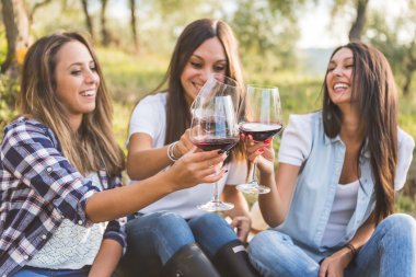 Bahçedeki şarapla toasting kadınlar 