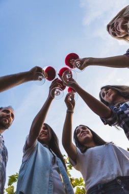 vrienden roosteren met rode wijn 