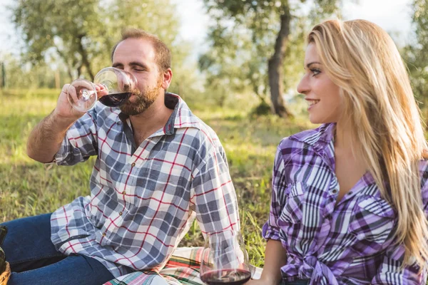 Casal beber vinho no jardim — Fotografia de Stock