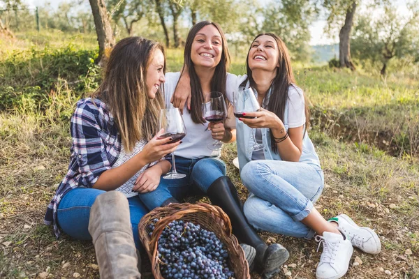 Meisjes drinken van wijn in de tuin — Stockfoto