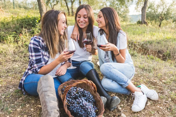 Flickor som dricker vin i trädgården — Stockfoto