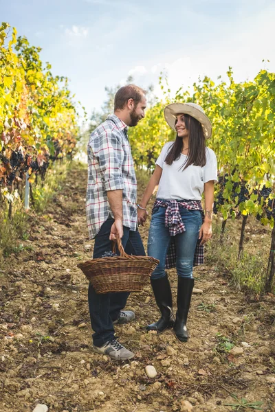 Friends walking with basket of grapes — Stock Photo, Image
