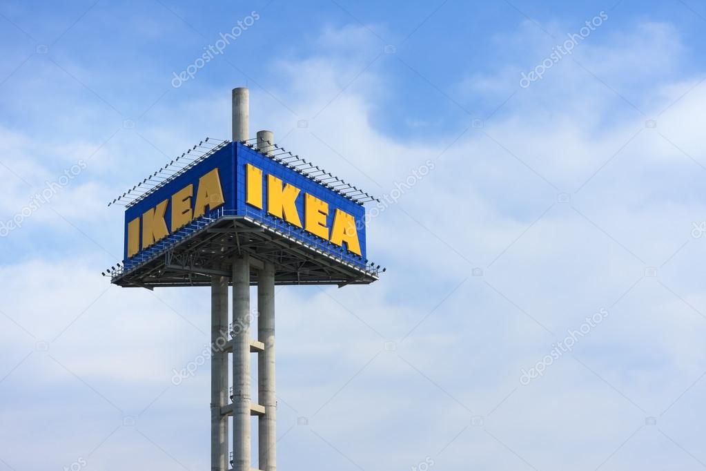 Samut Prakan, Thailand - July 28, 2016: IKEA logo at Mega Bangna Shopping center, IKEA is the world's largest furniture retailer, Founded in Sweden in 1943