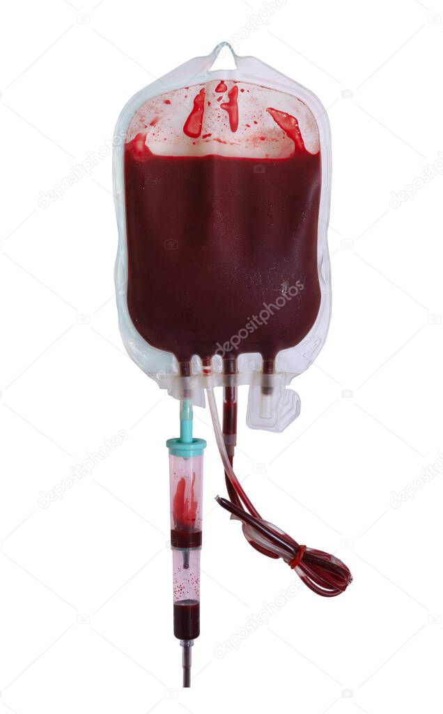 Blood bag during blood transfusion, Blood Bag isolated on white background