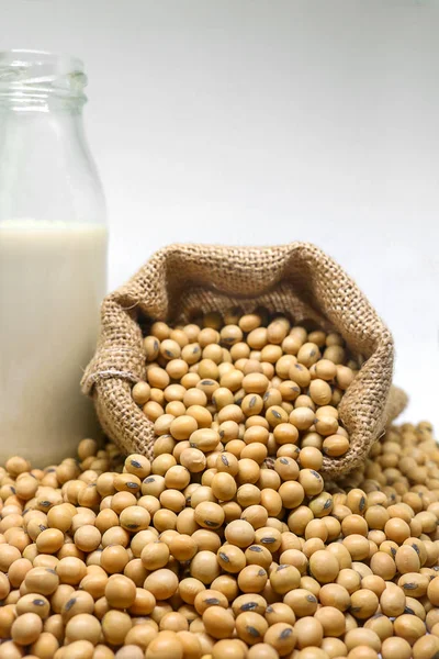 Soybeans in hemp sack bag on white background. — Stock Photo, Image