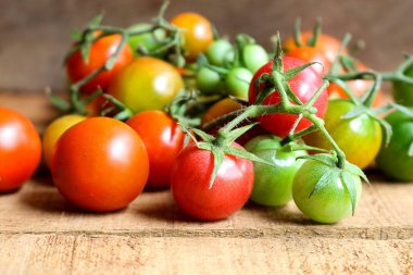 Ahşap zemin üzerine yeşil kök ile taze küçük domates