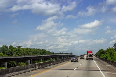 Kaldırımlı geniş bir yol, ormanın ortasında arabaların bir yaz günü geçtiği büyük yüksek köprüler. Louisiana 'daki Büyük Köprüler, Usa