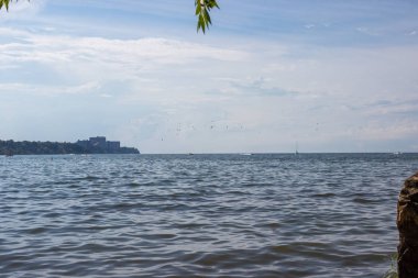 Üzerinde martıların uçtuğu bir gölet olan yaz manzarası ufukta binalar görünüyor. Erie Gölü, Cleveland, Ohio, ABD