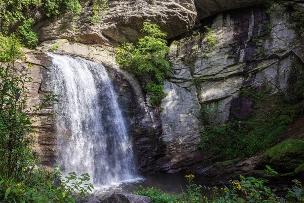 Beautiful summer landscape with a waterfall.  A large waterfall among the huge cliffs overgrown with trees. Looking Glass Fall, NC, USA