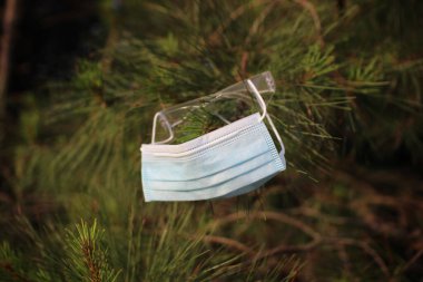 Cerrahi mavi maske, batan güneşin ışınlarıyla aydınlatılan büyük iğnelerle kozalaklı bir ağaç dalına asılmış. Salgın hastalıkta sağlık hizmetleri (covid-19)