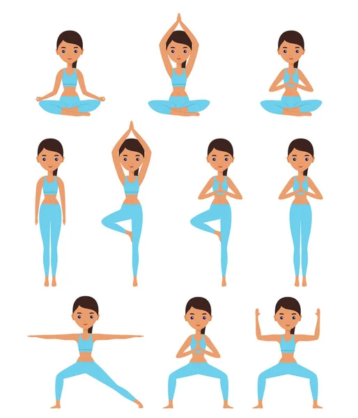 Woman standing in different yoga poses. Vector illustration.