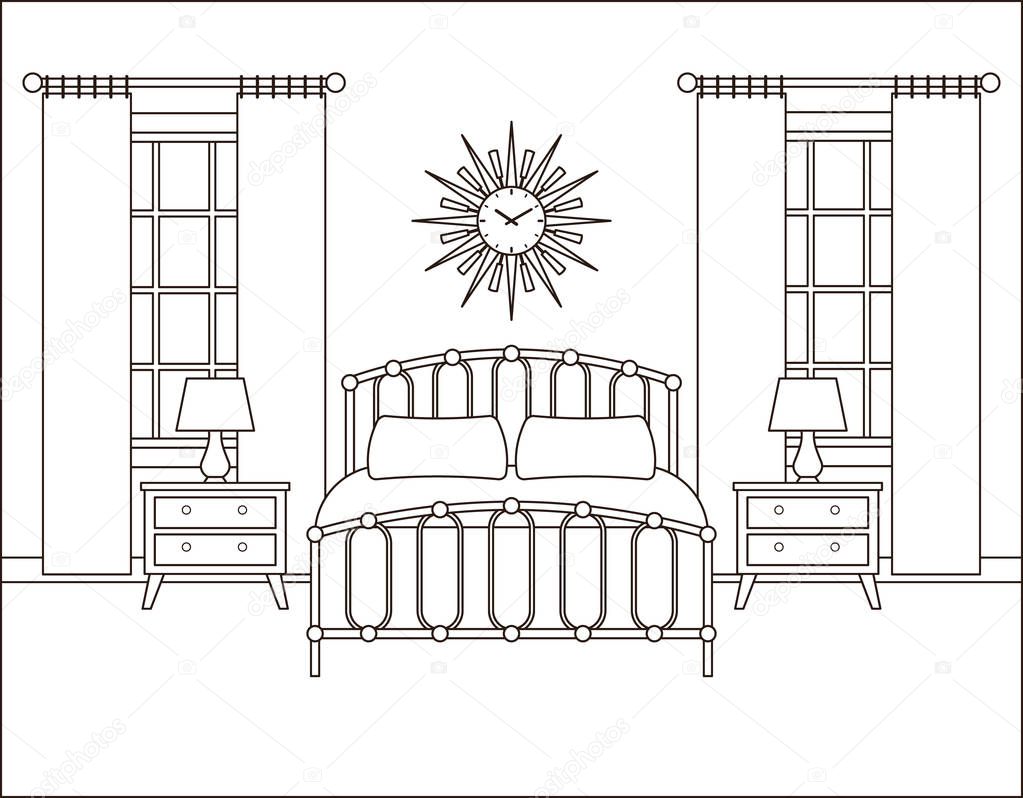 Interior de dormitorio. Habitación de Hotel en diseño retro