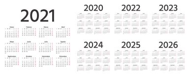 Spanish Calendar 2021, 2022, 2023, 2024, 2025, 2026, 2020 years. Vector. Week starts Monday. Spain calender template. Yearly stationery organizer in simple design. Simple illustration. vector