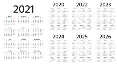Spanish Calendar 2021, 2022, 2023, 2024, 2025, 2026, 2020 years. Vector. Week starts Monday. Simple template Spain calenders. Portrait vertical orientation. Yearly stationery organizer. Illustration. vector