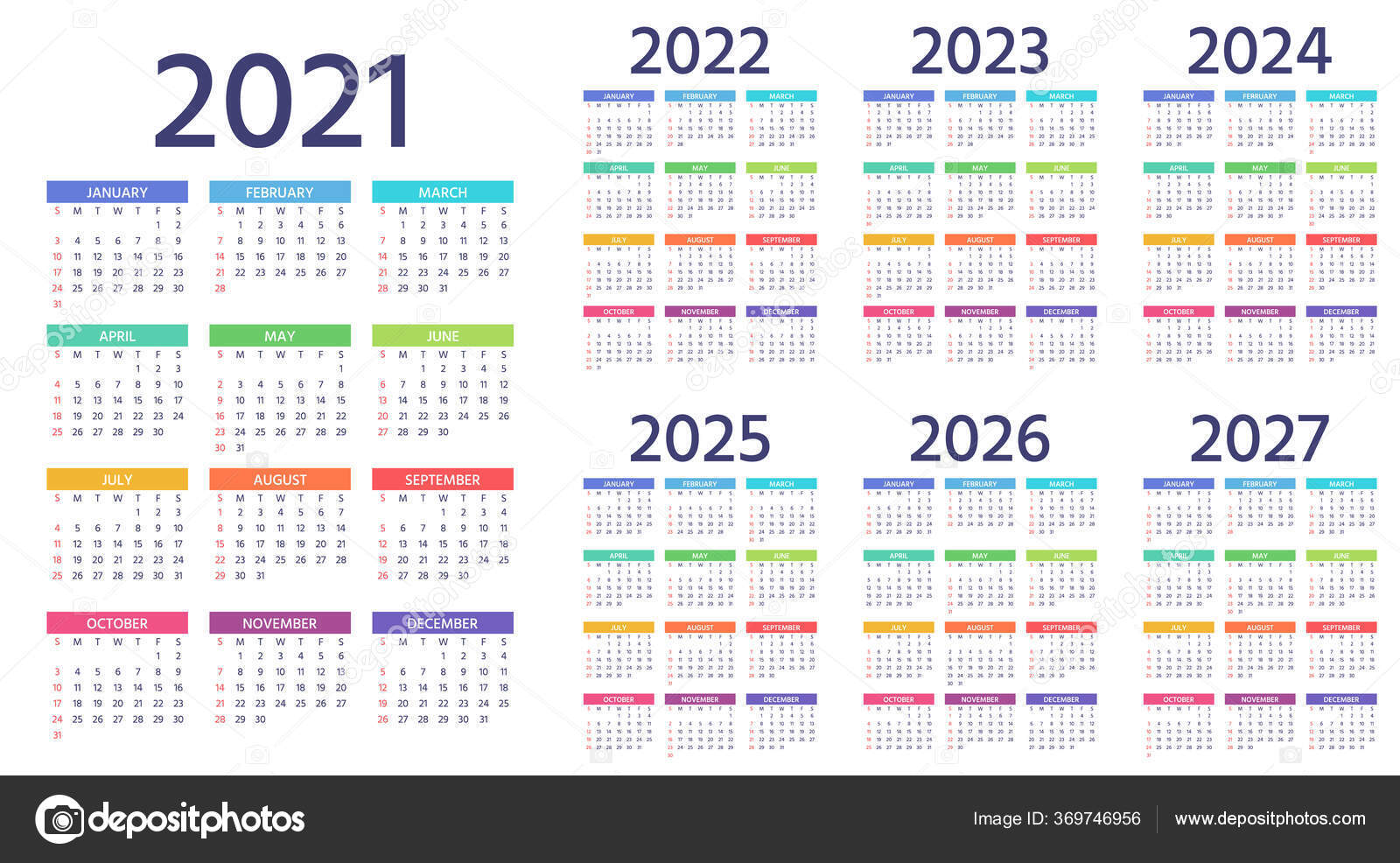 Calendar 2021 2022 2023 2024 2025 2026 2027 Years Week Stock Vector Image By C Maradaisy 369746956