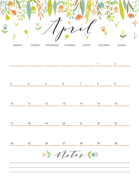 April flower calendar. — Stock Vector