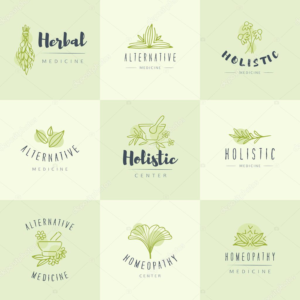 Vector trendy hand drawn alternative medicine, homeopathy logos, badges, emblems.