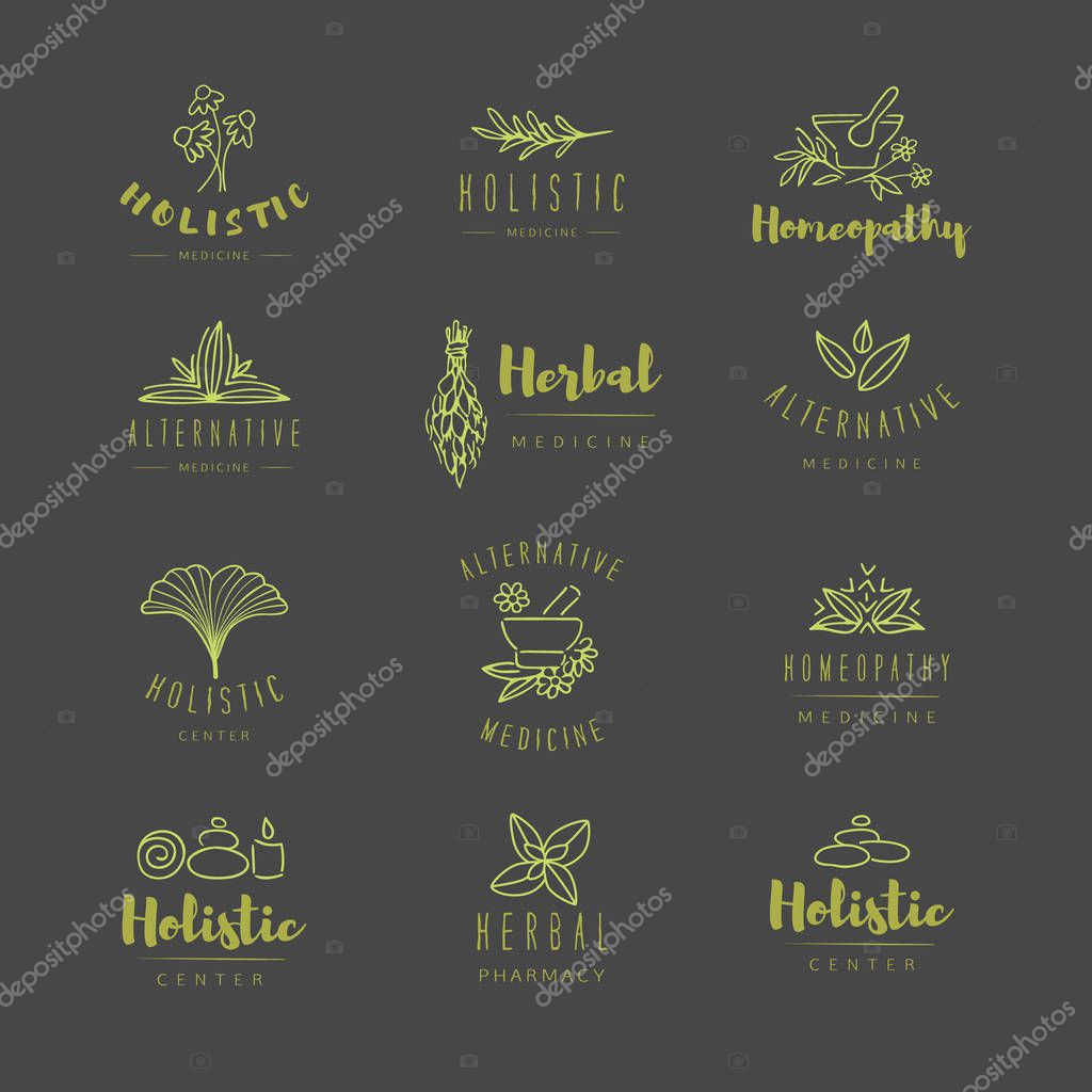Vector trendy hand drawn alternative medicine, homeopathy logos, badges, emblems.