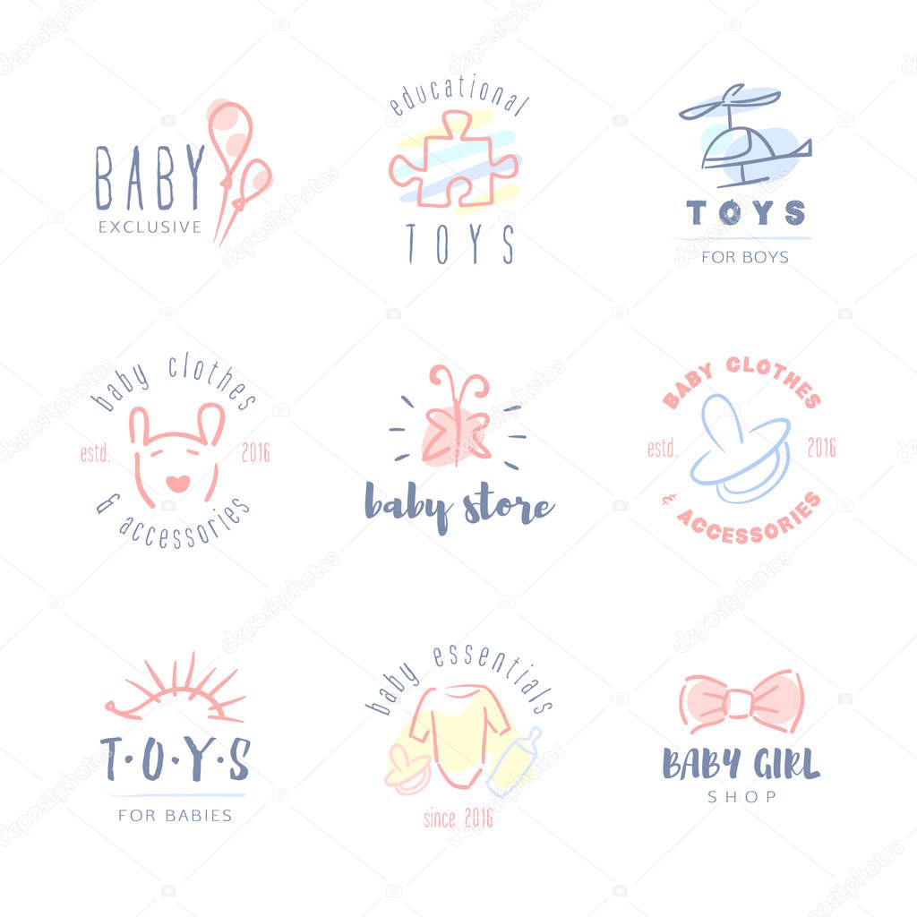 Vector trendy hand drawn cute baby, infant logo collection.