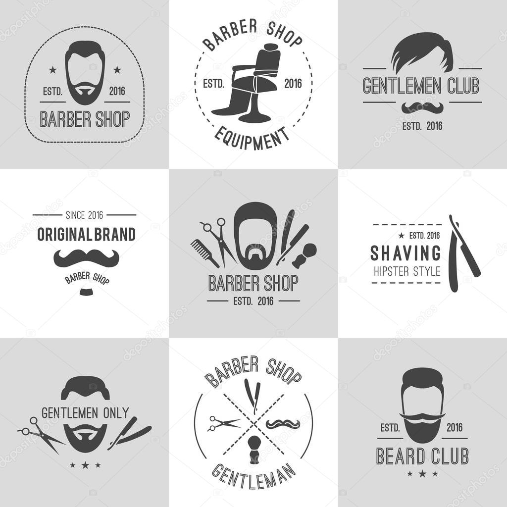 Vector hipster barber shop logos, badges. Beards, scissors, mustache, razor,