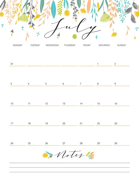 Julio calendario de flores . — Archivo Imágenes Vectoriales