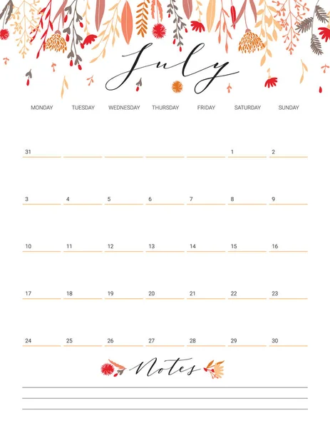 July flower calendar. — Stock Vector