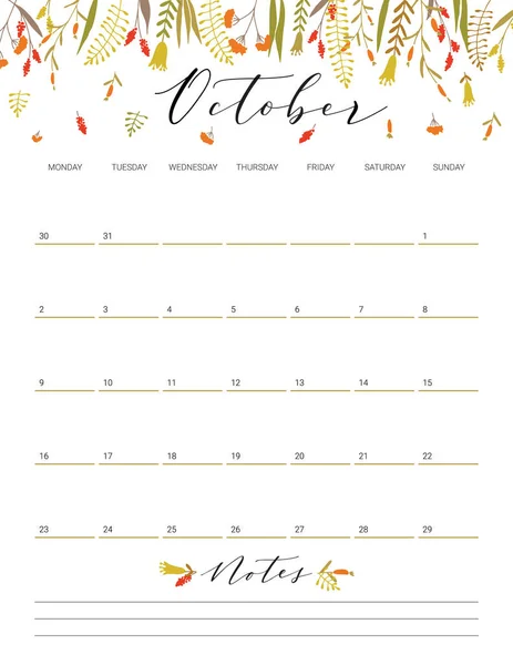 October flower calendar. — Stock Vector