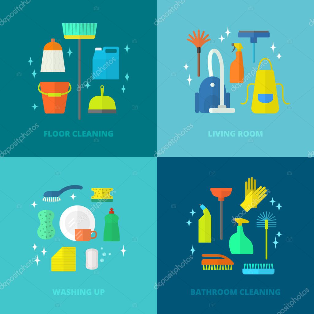 Vector trendy flat cleaning icon set. Vacuum cleaner, protective gloves, plunger, spray bottle,  wipe, squeegee, sponge, bucket, mop, brush, duster and many more.