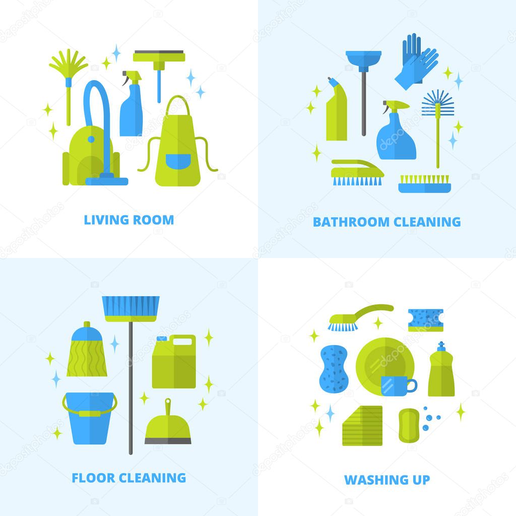 Vector trendy flat cleaning icon set. Vacuum cleaner, protective gloves, plunger, spray bottle,  wipe, squeegee, sponge, bucket, mop, brush, duster and many more.