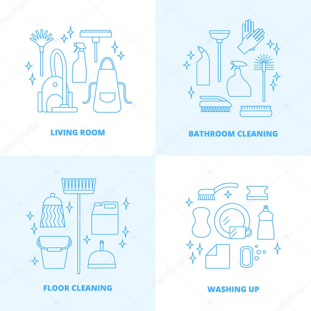 Vector trendy flat cleaning icon set. Vacuum cleaner, protective gloves, plunger, spray bottle,  wipe, squeegee, sponge, bucket, mop, brush, duster and many more.