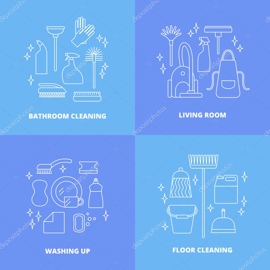 Vector trendy flat cleaning icon set. Vacuum cleaner, protective gloves, plunger, spray bottle,  wipe, squeegee, sponge, bucket, mop, brush, duster and many more.