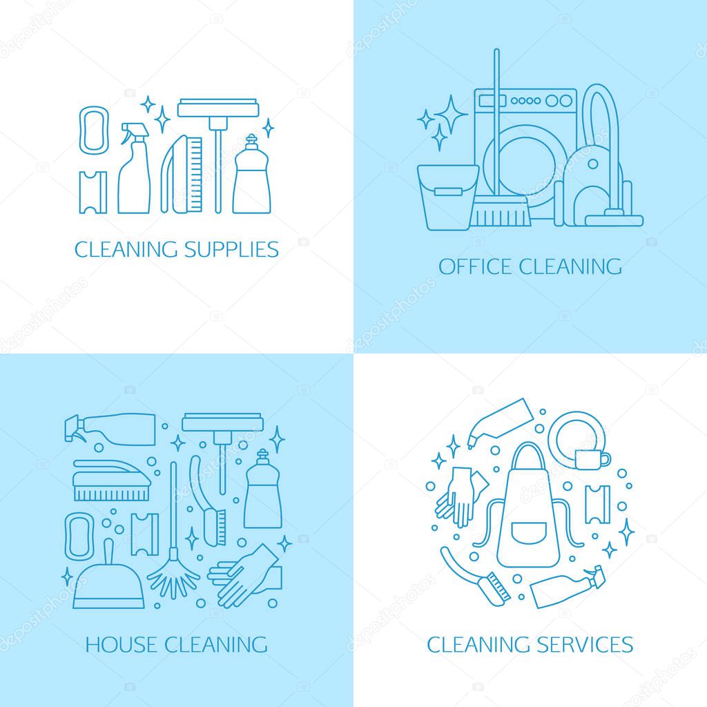 Vector trendy flat cleaning icon set, emblems, logos. Vacuum cleaner, protective gloves, plunger, spray bottle,  wipe, squeegee, sponge, bucket, mop, brush, duster and many more.