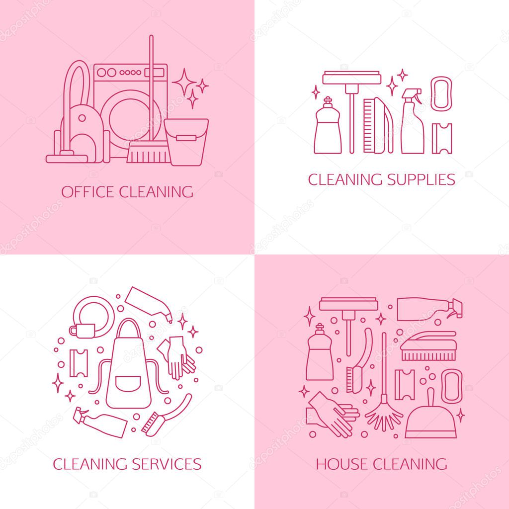 Vector trendy flat cleaning icon set, emblems and logos. Vacuum cleaner and protective gloves. Plunger and spray bottle. Wipe, squeegee and sponge. Bucket, mop and brush. Duster and many more.