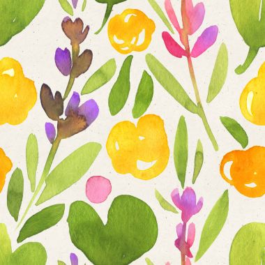 Seamless watercolor floral pattern on paper texture. Botanical background clipart