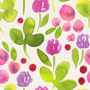 Seamless watercolor floral pattern on paper texture. Botanical background clipart