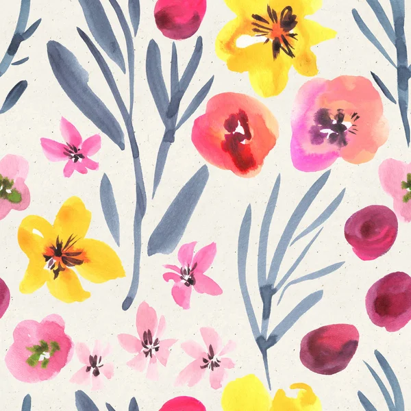 Seamless watercolor floral pattern on paper texture. Botanical background 