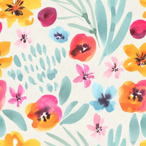 Seamless watercolor floral pattern on paper texture. Botanical background 