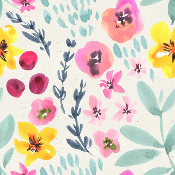 Seamless watercolor floral pattern on paper texture. Botanical background 