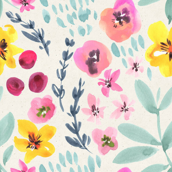 Seamless watercolor floral pattern on paper texture. Botanical background 