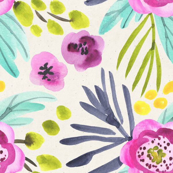 Seamless watercolor floral pattern on paper texture. Botanical background.