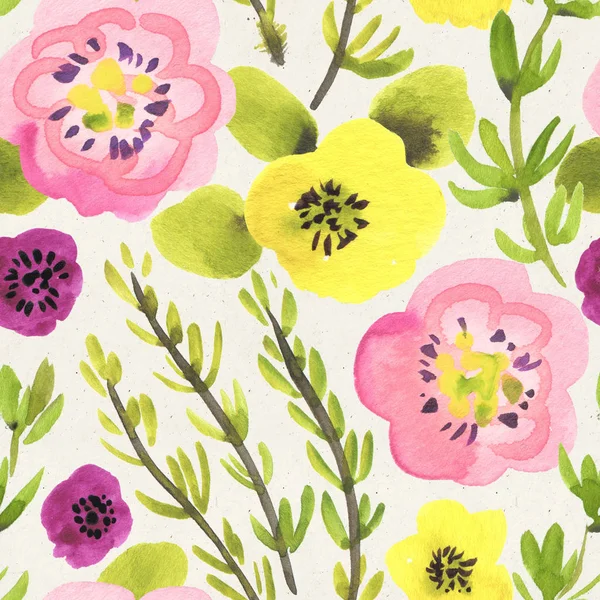Seamless watercolor floral pattern on paper texture. Botanical background.
