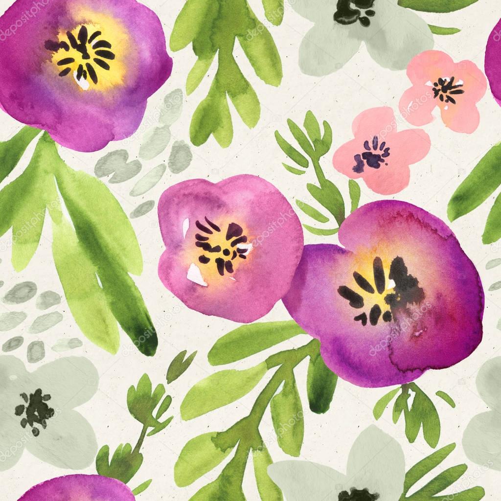 Seamless watercolor floral pattern on paper texture. Botanical background.