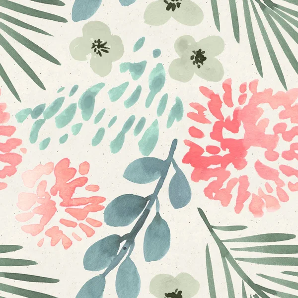 Seamless watercolor floral pattern on paper texture. Botanical background.