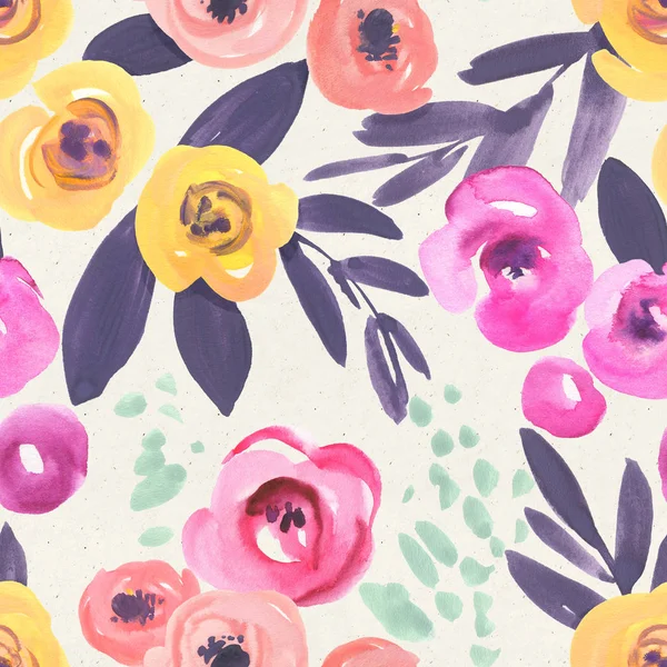 Seamless floral watercolor pattern on paper texture. Botanical background 