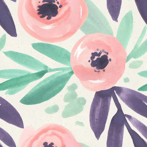 Seamless floral watercolor pattern on paper texture. Botanical background 