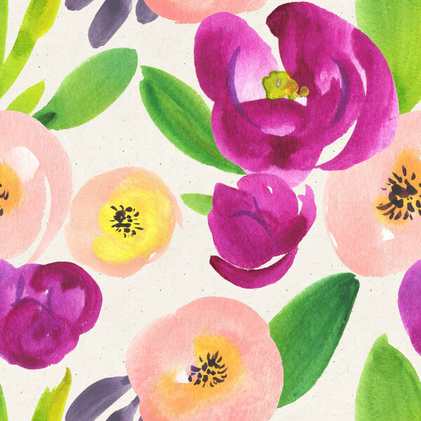 Seamless floral watercolor pattern on paper texture. Botanical background 