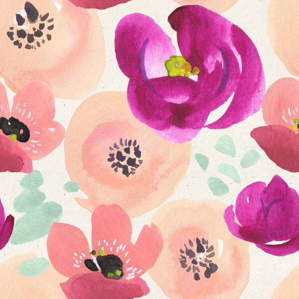 Seamless floral watercolor pattern on paper texture. Botanical background 